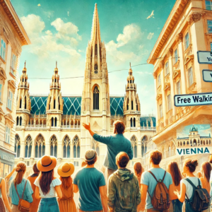 Guided walking tour in Vienna with tourists exploring St. Stephen’s Cathedral and Hofburg Palace during a free tour.