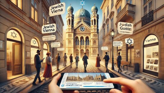 Tourists exploring Jewish Vienna on a self-guided walking tour, using smartphones and audio guides near a historic synagogue.