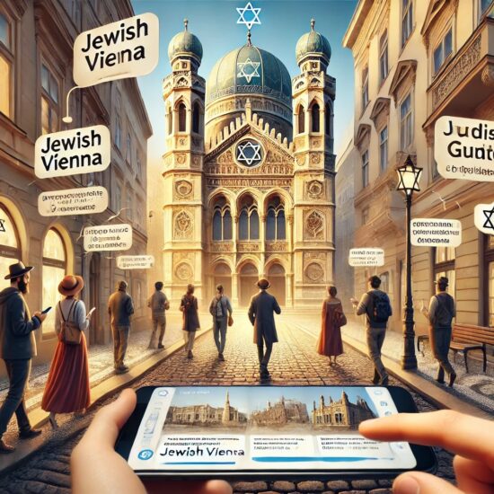 Tourists exploring Jewish Vienna on a self-guided walking tour, using smartphones and audio guides near a historic synagogue.