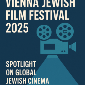 Vienna Jewish Film Festival 2025 promotional poster featuring a vintage film projector with Star of David and spotlight