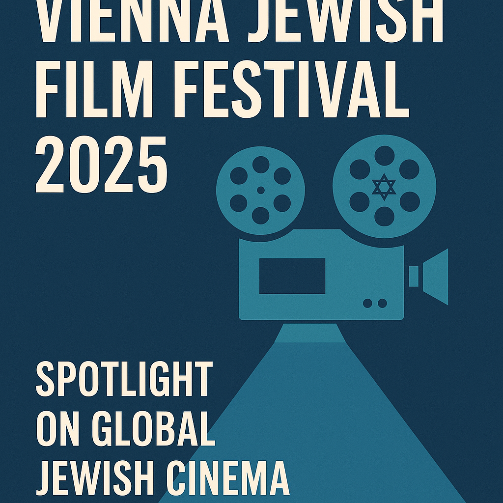 Vienna Jewish Film Festival 2025 promotional poster featuring a vintage film projector with Star of David and spotlight